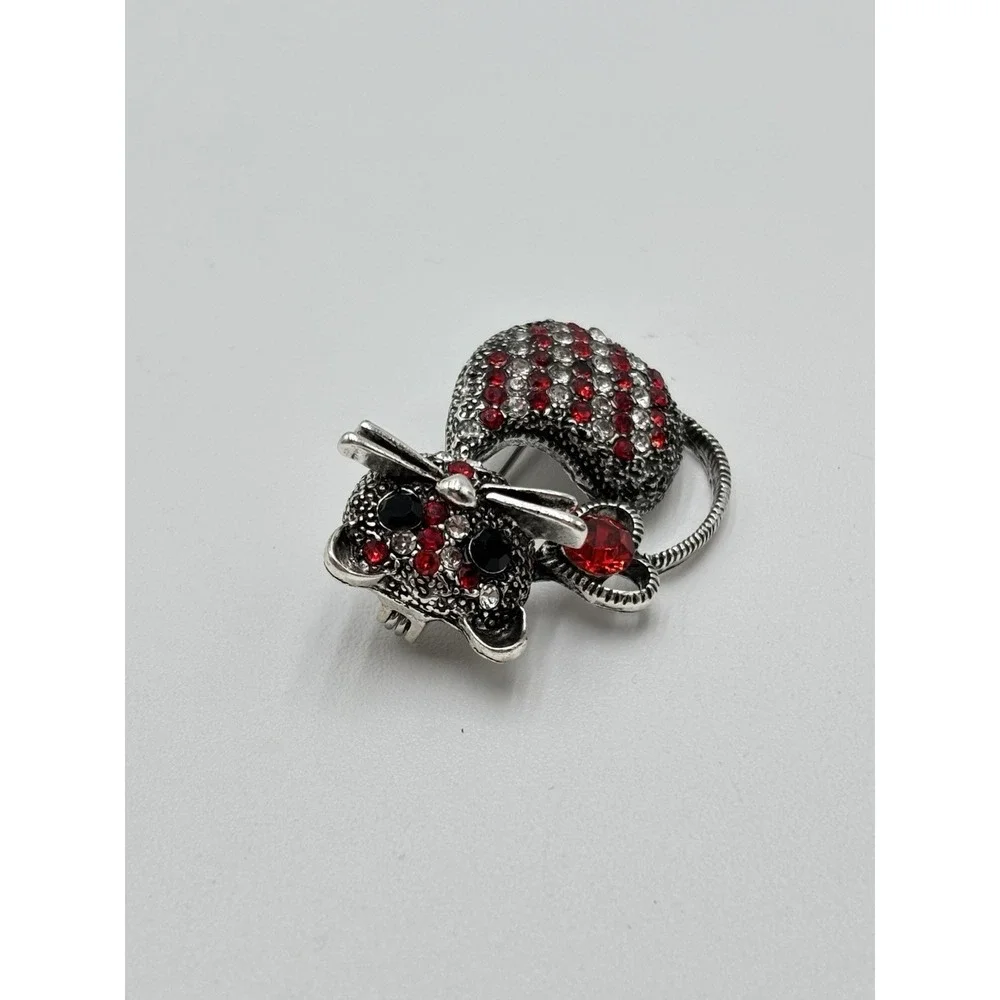 Rhinestone Cat Brooch Red Crystal‎ Silver Tone Kitty Pin Heart Tail Mothers Day